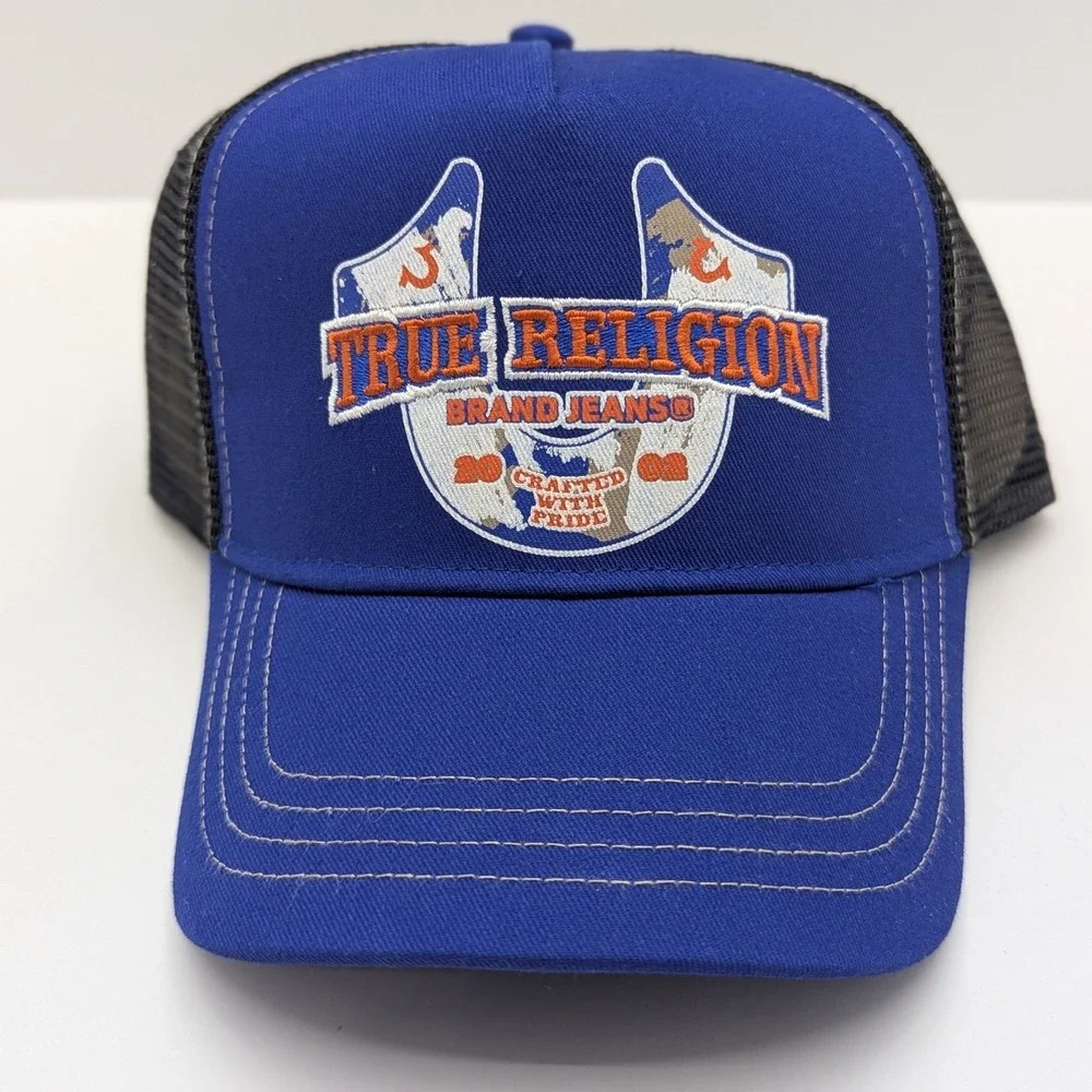 True Religion Mens Surf The Web Blue Embroidered Trucker Hat Snapback TR4245 NEW